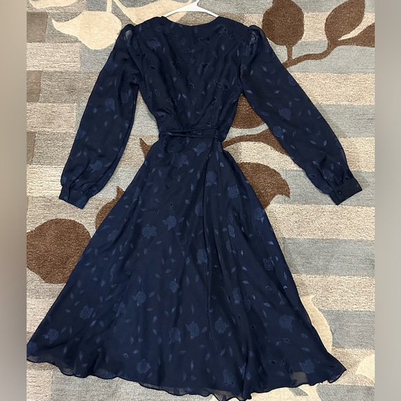 Lulu’s Evening of Elegance Navy Blue Floral Jacquard Burnout Wrap Midi Dress - Picture 7 of 12
